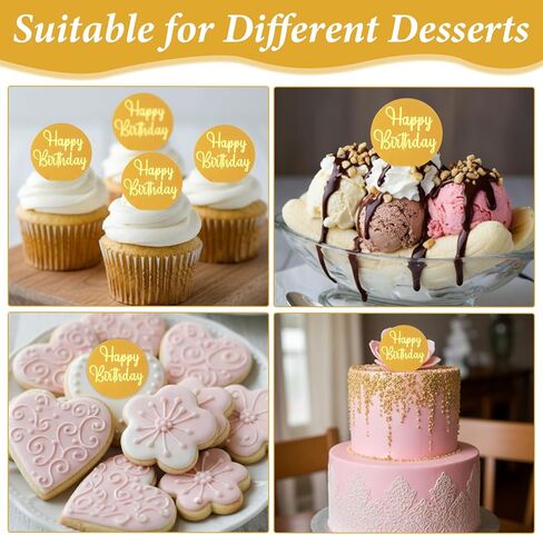 24 Pcs Mirror Gold Acrylic Cupcake Toppers, Round Happy Birthday Cake Topper, Cake & Cupcake Decorations for DIY Birthday Party Anniversary Pastries Decorations in Kuwait