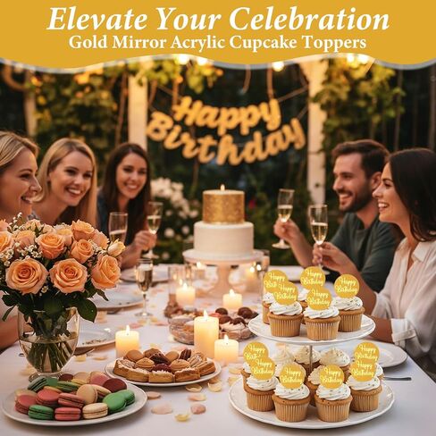 24 Pcs Mirror Gold Acrylic Cupcake Toppers, Round Happy Birthday Cake Topper, Cake & Cupcake Decorations for DIY Birthday Party Anniversary Pastries Decorations in Kuwait