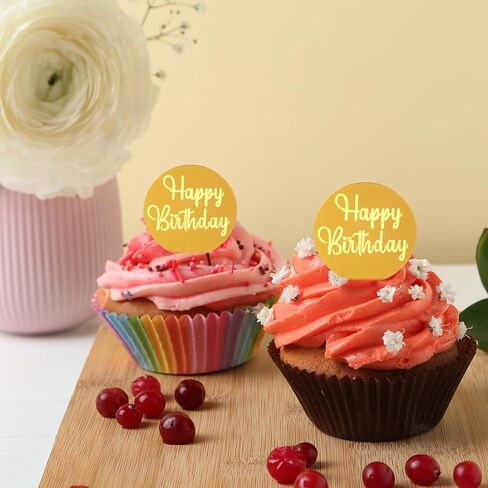 24 Pcs Mirror Gold Acrylic Cupcake Toppers, Round Happy Birthday Cake Topper, Cake & Cupcake Decorations for DIY Birthday Party Anniversary Pastries Decorations in Kuwait