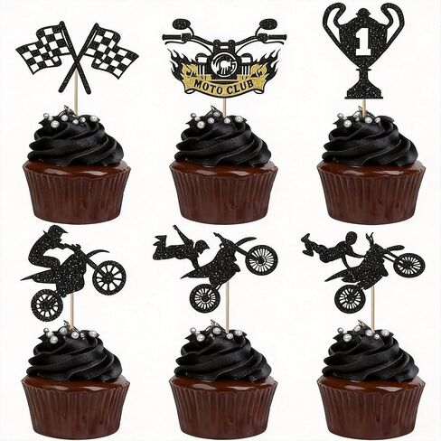 24Pack Motorcycle Cupcake Toppers Glitter Motocross Dirt Bike Party Cupcake Picks for Sports Motocross Theme Man Boy Birthday Party Cake Decorations Supplies Black in Saudi Arabia