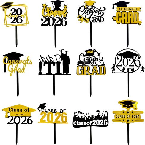 12Pcs Graduation Cake Toppers, Black Gold Acrylic Class of 2026 Graduation Cake Decorations, Congrats Grad 2026 Graduation Cap Diploma Cake Toppers Cupcake Picks for 2026 Graduation Party Supplies in Saudi Arabia