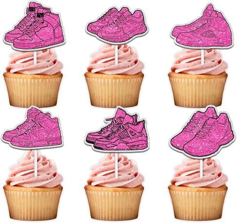 18pcs Glitter Pink Silhouette Sport Sneakers Cupcake Topper Cheer to Skateboard Shoes Theme Anniversary Party Decoration for Women Lady Happy Birthday Decor Supplies in Kuwait
