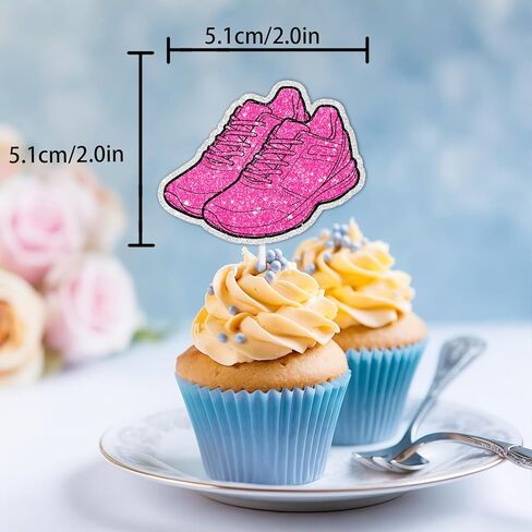 18pcs Glitter Pink Silhouette Sport Sneakers Cupcake Topper Cheer to Skateboard Shoes Theme Anniversary Party Decoration for Women Lady Happy Birthday Decor Supplies in Kuwait