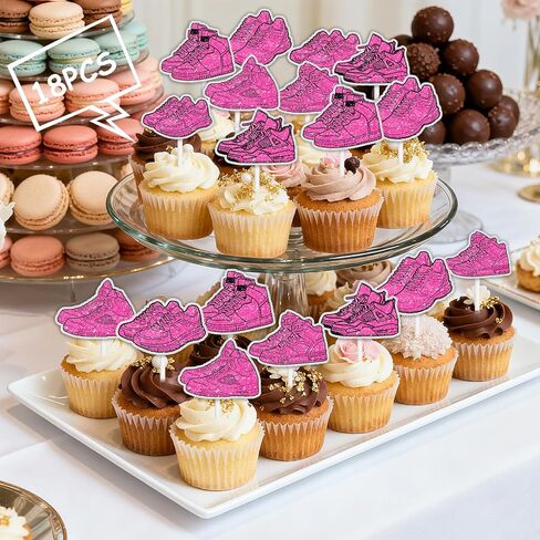 18pcs Glitter Pink Silhouette Sport Sneakers Cupcake Topper Cheer to Skateboard Shoes Theme Anniversary Party Decoration for Women Lady Happy Birthday Decor Supplies in Kuwait