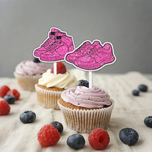 18pcs Glitter Pink Silhouette Sport Sneakers Cupcake Topper Cheer to Skateboard Shoes Theme Anniversary Party Decoration for Women Lady Happy Birthday Decor Supplies in Kuwait