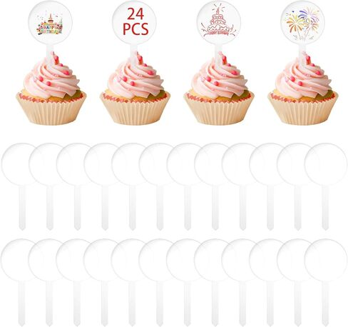 24PCS Blank Cupcake Toppers - Custom DIY Acrylic Cake Sticks for Birthday, Wedding, Baby Shower, Round Cake Decoration, Personalized Cupcake Picks, Clear Dessert Cups Toppers for Party in Kuwait