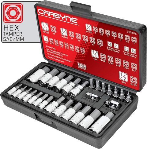 CARBYNE 28-Piece Tamper-Proof Hex (Allen) Bit Socket Set, SAE and Metric, 5/64 in. to 9/16 in. and 2mm to 14mm, S2 Steel, CrV Sockets, 1/4 3/8 1/2 in. Drive, Durable Case in Saudi Arabia