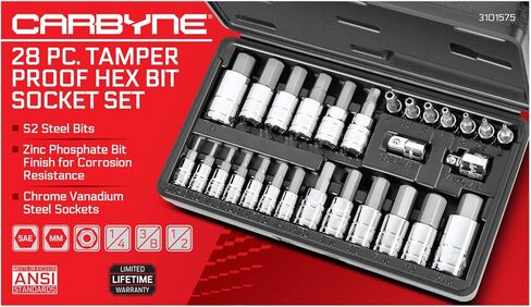 CARBYNE 28-Piece Tamper-Proof Hex (Allen) Bit Socket Set, SAE and Metric, 5/64 in. to 9/16 in. and 2mm to 14mm, S2 Steel, CrV Sockets, 1/4 3/8 1/2 in. Drive, Durable Case in Saudi Arabia