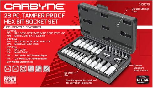 CARBYNE 28-Piece Tamper-Proof Hex (Allen) Bit Socket Set, SAE and Metric, 5/64 in. to 9/16 in. and 2mm to 14mm, S2 Steel, CrV Sockets, 1/4 3/8 1/2 in. Drive, Durable Case in Saudi Arabia