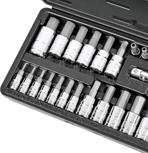 CARBYNE 28-Piece Tamper-Proof Hex (Allen) Bit Socket Set, SAE and Metric, 5/64 in. to 9/16 in. and 2mm to 14mm, S2 Steel, CrV Sockets, 1/4 3/8 1/2 in. Drive, Durable Case in Saudi Arabia