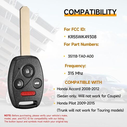 2 Pcs Smart Key Fob Replacement Fits for Honda Accord 2008-2012 Pilot 2009 2010 2011 2012 2013 2014 2015 Car Keyless Entry Remote KR55WK49308 35118-TA0-A00 315 Mhz in Saudi Arabia