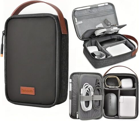 Tech Organizer Travel Cable Pouch, Water-Resistant with Genuine Leather Handle, 4-Layer Adjustable Storage, Lightweight for Travel & Office, Holds Charger Cables Power Bank Hard Drive, Grey in Saudi Arabia