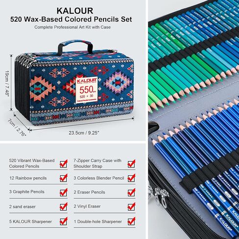 مجموعة أقلام رصاص ملونة من KALOUR 550 مع حافظة بسحاب ذات سعة كبيرة، قلب ناعم مع لون نابض بالحياة، مثالية لتلوين الرسم والرسم، واللوازم الفنية للبالغين الفنانين المبتدئين in Kuwait
