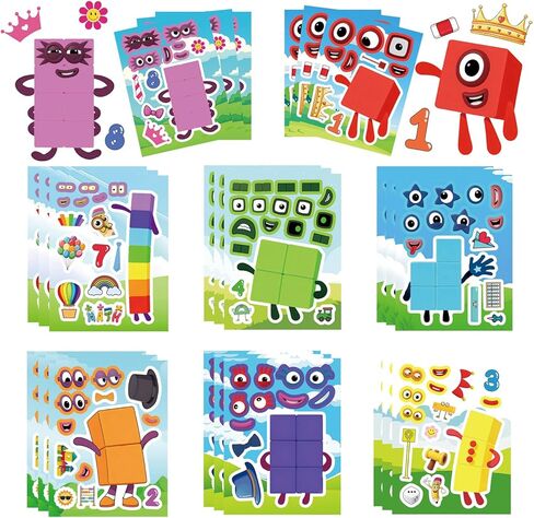 24 Sheets Make a face Number Blocks Stickers,Make Your Own Stickers,Mixed & Matched with 8 Designed Characters(3 of Each) for Party Favors Supplies, Decor,Gift Idea,Reward. in Saudi Arabia