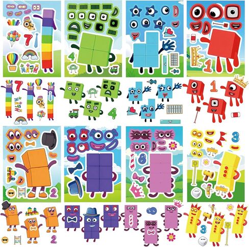 24 Sheets Make a face Number Blocks Stickers,Make Your Own Stickers,Mixed & Matched with 8 Designed Characters(3 of Each) for Party Favors Supplies, Decor,Gift Idea,Reward. in Saudi Arabia
