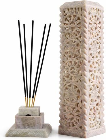 Handmade Marble Soapstone Incense Stick Burner | Candle Stick Holder | Tea Light Stand - Floral Carving for Gifting. Decorative Incense Tower for Home and Office Decor. (3x3x11 Inches) in Saudi Arabia