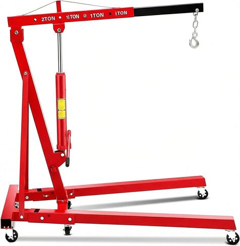 2-Ton Folding Hydraulic Engine Hoist, 4400 LBS Portable Engine Shop Crane with 6 Casters & Telescopic Boom, Foldable Cherry Picker Hoist Lift for Garage, Workshop, Warehouse, Heavy-Duty, Red in Saudi Arabia
