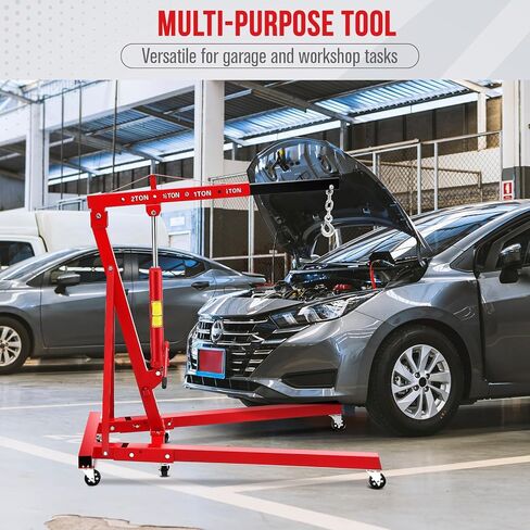 2-Ton Folding Hydraulic Engine Hoist, 4400 LBS Portable Engine Shop Crane with 6 Casters & Telescopic Boom, Foldable Cherry Picker Hoist Lift for Garage, Workshop, Warehouse, Heavy-Duty, Red in Saudi Arabia