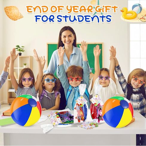 24 Set End of Year Students Gift from Teacher Bulk Preschool Kindergarten Summer Graduation Gifts Class Classmate Present Neon Sunglasses Beach Balls Beach Supplies (11.81 Inches) in Kuwait