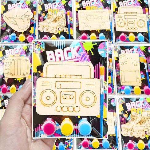 12Pack Pre-Packaged 80s 90s Party Favors: 80s Party Decorations Hip Hop Individually Wrapped Paint Your Own Wooden Craft Kits with Thank You Card 1980s Theme Party Decorations for Kids in Saudi Arabia