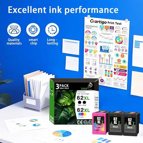 62XL High Yield Ink Cartridges Combo Pack (2 Black/1 Tri-Color 3-Pack) Compatible for HP 62XL 62 Replacement for HP Envy 5540 5640 5660 7644 OfficeJet 5740 5741 8040 200 250 Series Printers in Saudi Arabia