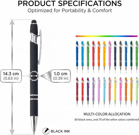 150 Pack Bulk 2-in-1 Stylus Ballpoint Pens, Retractable Metal Click Pen, 1.0mm Medium Point Black Ink, Universal Touch Screen Pen for Office Supplies, Coworker Thank You Gifts (150 PCS Multicolor) in Kuwait
