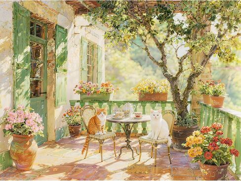 Jigsaw Puzzles for Adults 1000 Pieces, Idyllic Cats on French Country Terrace 28x20 Inch Cozy Garden Scene with Tea Set & Flowers, Relaxing Challenge for Cat Lovers in Saudi Arabia
