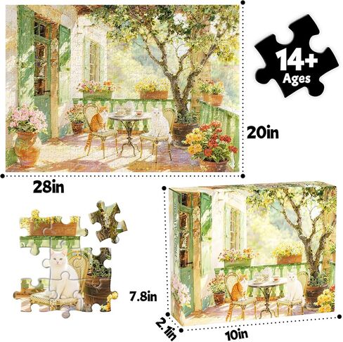 Jigsaw Puzzles for Adults 1000 Pieces, Idyllic Cats on French Country Terrace 28x20 Inch Cozy Garden Scene with Tea Set & Flowers, Relaxing Challenge for Cat Lovers in Saudi Arabia