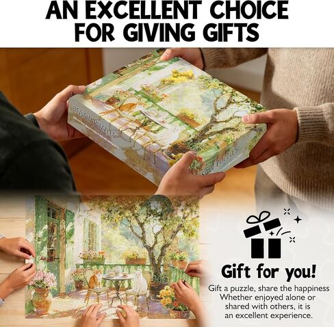 Jigsaw Puzzles for Adults 1000 Pieces, Idyllic Cats on French Country Terrace 28x20 Inch Cozy Garden Scene with Tea Set & Flowers, Relaxing Challenge for Cat Lovers in Saudi Arabia