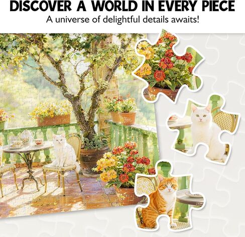 Jigsaw Puzzles for Adults 1000 Pieces, Idyllic Cats on French Country Terrace 28x20 Inch Cozy Garden Scene with Tea Set & Flowers, Relaxing Challenge for Cat Lovers in Saudi Arabia