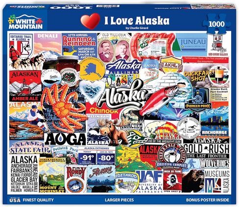 White Mountain 1000 Piece Jigsaw Puzzle Last Frontier State Collage Puzzles with Large Pieces, Gift for Adults and Family 24"x30" - I Love Alaska in Saudi Arabia