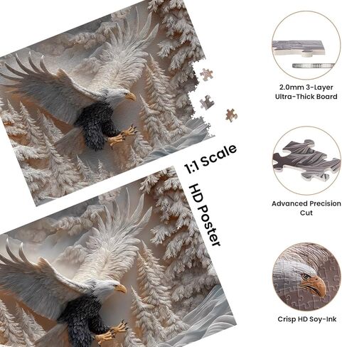 Jigsaw Puzzles 1000 Pieces for Adults, KOLTEC Majestic White Bald Eagle Winter Puzzle - Hard & Impossible Challenge with A-H 8-Zone Easy Sorting, Premium 2.0mm Thick Board (27.5" x 19.7") in Saudi Arabia