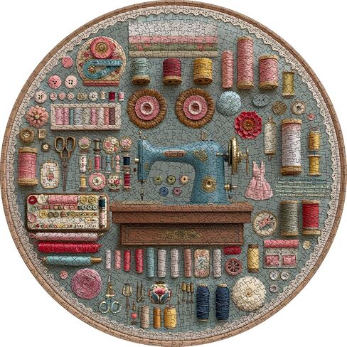 PICKFORU Vintage Sewing Puzzle for Adults 1000 Pieces, Round Sewing Machine Puzzle Features Colorful Buttons Threads Flower, Circular Retro Craft Quilting Jigsaw Puzzle Challenge in Kuwait