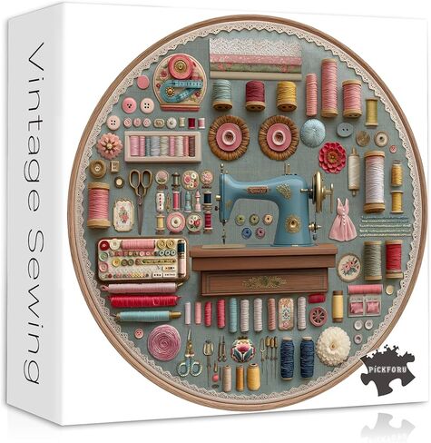 PICKFORU Vintage Sewing Puzzle for Adults 1000 Pieces, Round Sewing Machine Puzzle Features Colorful Buttons Threads Flower, Circular Retro Craft Quilting Jigsaw Puzzle Challenge in Kuwait