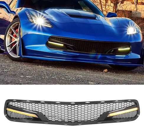 Front Bumper Lower Grille with LED for Chevy Corvette C7 2014-2019 All Models Airflow Upgrade Front Grille Z06/Grand Sport/Stingray W/OUT Camera Sensor Bracket (Carbon Fiber Painted) in Saudi Arabia