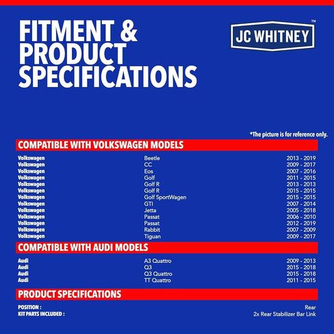 JC Whitney JFBAJCWCA00285 مجموعة من 2 وصلة شريط Sway (خلفي) - متوافقة مع Volkswagen Jetta، Tiguan، Golf، Passat، Beetle، CC، Eos، Golf R، Audi Q3، Q3 Quattro، A3 Quattro، TT Quattro in Kuwait