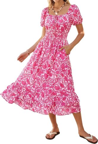 Kate Kasin Womens Summer Boho Floral Maxi Dress 2026 Square Neck Puff Sleeve Smocked Flowy A Line Beach Wedding Guest Dresses in Saudi Arabia