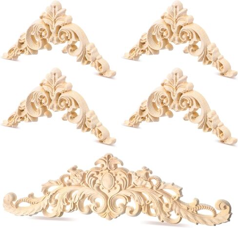 5 Pcs Wood Appliques Onlays for Furniture, Decorative Wooden Carved Unpainted Decals Wood Flowers Trim Embellishments for Bed Door Cabinet Wardrobe Wall Cupboard(Delicate Style) in Saudi Arabia