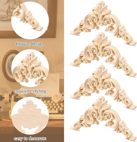 5 Pcs Wood Appliques Onlays for Furniture, Decorative Wooden Carved Unpainted Decals Wood Flowers Trim Embellishments for Bed Door Cabinet Wardrobe Wall Cupboard(Delicate Style) in Saudi Arabia