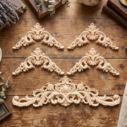 5 Pcs Wood Appliques Onlays for Furniture, Decorative Wooden Carved Unpainted Decals Wood Flowers Trim Embellishments for Bed Door Cabinet Wardrobe Wall Cupboard(Delicate Style) in Saudi Arabia