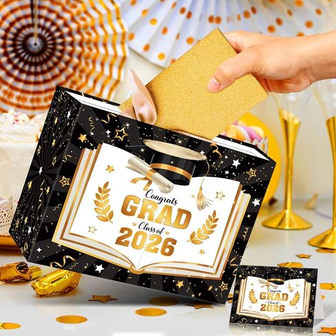 Black Gold Graduation Gift Bag Class of 2026 Graduation Party Favors Supplies Congrats Grad Gift Wrapping Paper Bag with Tissue Paper and Greeting Card for Class of 2026 Senior Junior College Party (Black Gold) in Kuwait