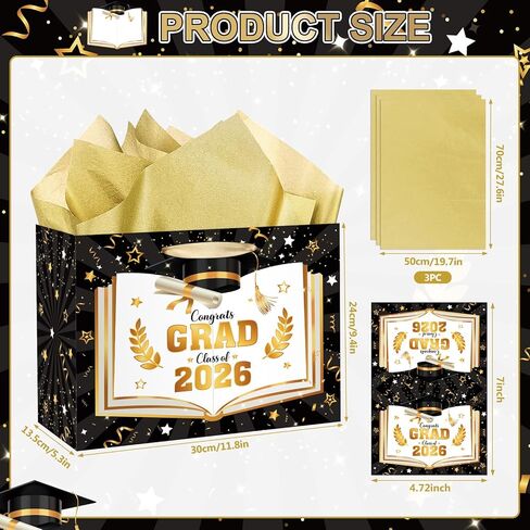 Black Gold Graduation Gift Bag Class of 2026 Graduation Party Favors Supplies Congrats Grad Gift Wrapping Paper Bag with Tissue Paper and Greeting Card for Class of 2026 Senior Junior College Party (Black Gold) in Kuwait