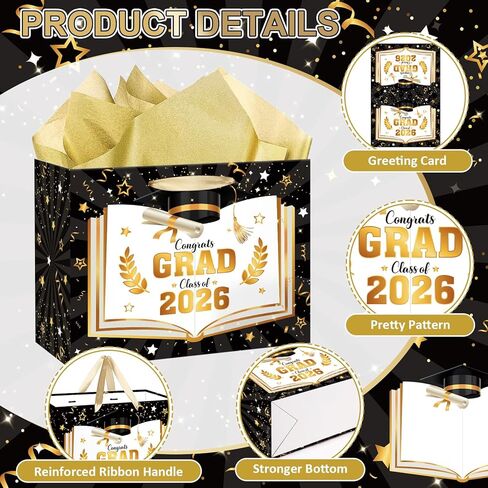 Black Gold Graduation Gift Bag Class of 2026 Graduation Party Favors Supplies Congrats Grad Gift Wrapping Paper Bag with Tissue Paper and Greeting Card for Class of 2026 Senior Junior College Party (Black Gold) in Kuwait