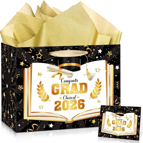 Black Gold Graduation Gift Bag Class of 2026 Graduation Party Favors Supplies Congrats Grad Gift Wrapping Paper Bag with Tissue Paper and Greeting Card for Class of 2026 Senior Junior College Party (Black Gold) in Kuwait