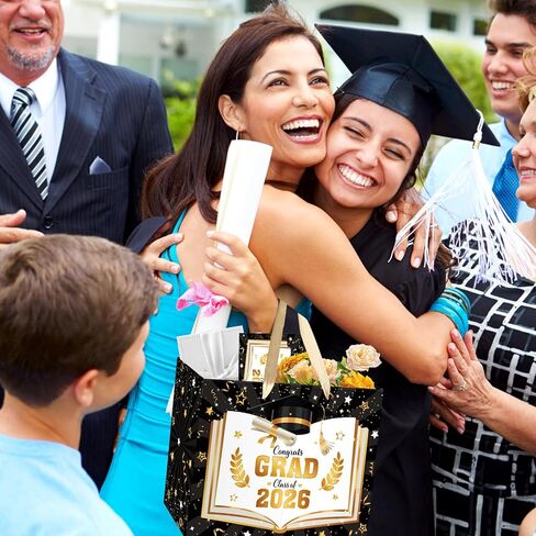 Black Gold Graduation Gift Bag Class of 2026 Graduation Party Favors Supplies Congrats Grad Gift Wrapping Paper Bag with Tissue Paper and Greeting Card for Class of 2026 Senior Junior College Party (Black Gold) in Kuwait