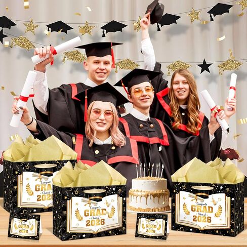 Black Gold Graduation Gift Bag Class of 2026 Graduation Party Favors Supplies Congrats Grad Gift Wrapping Paper Bag with Tissue Paper and Greeting Card for Class of 2026 Senior Junior College Party (Black Gold) in Kuwait