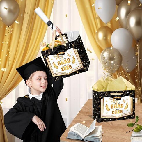 Black Gold Graduation Gift Bag Class of 2026 Graduation Party Favors Supplies Congrats Grad Gift Wrapping Paper Bag with Tissue Paper and Greeting Card for Class of 2026 Senior Junior College Party (Black Gold) in Kuwait