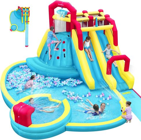 ELEMARA XL Inflatable Water Slide with 19ft Attachable Slip and Slide,Large 7 in 1 Blow Up Water Park,Bounce House for Backyard with 2 Slides,Climbing Wall,Deep Pool，Water Cannon,750W Blower for Kids in Saudi Arabia