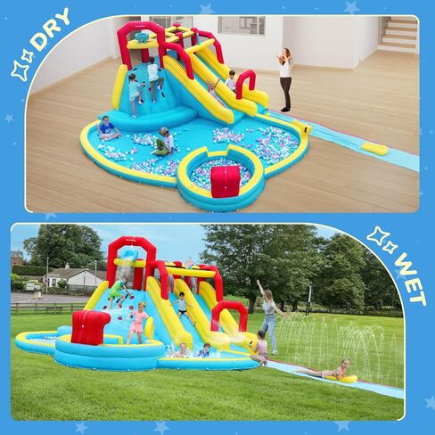 ELEMARA XL Inflatable Water Slide with 19ft Attachable Slip and Slide,Large 7 in 1 Blow Up Water Park,Bounce House for Backyard with 2 Slides,Climbing Wall,Deep Pool，Water Cannon,750W Blower for Kids in Saudi Arabia