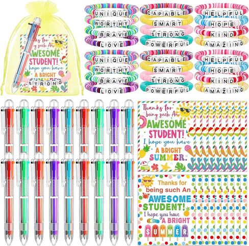 24 Set End of Year Gift Bulk Graduation Friendship Bracelets and 6 in 1 Multicolor Pens, Summer Inspirational Cards with Bags, Last Day of School Gifts from Teacher in Saudi Arabia